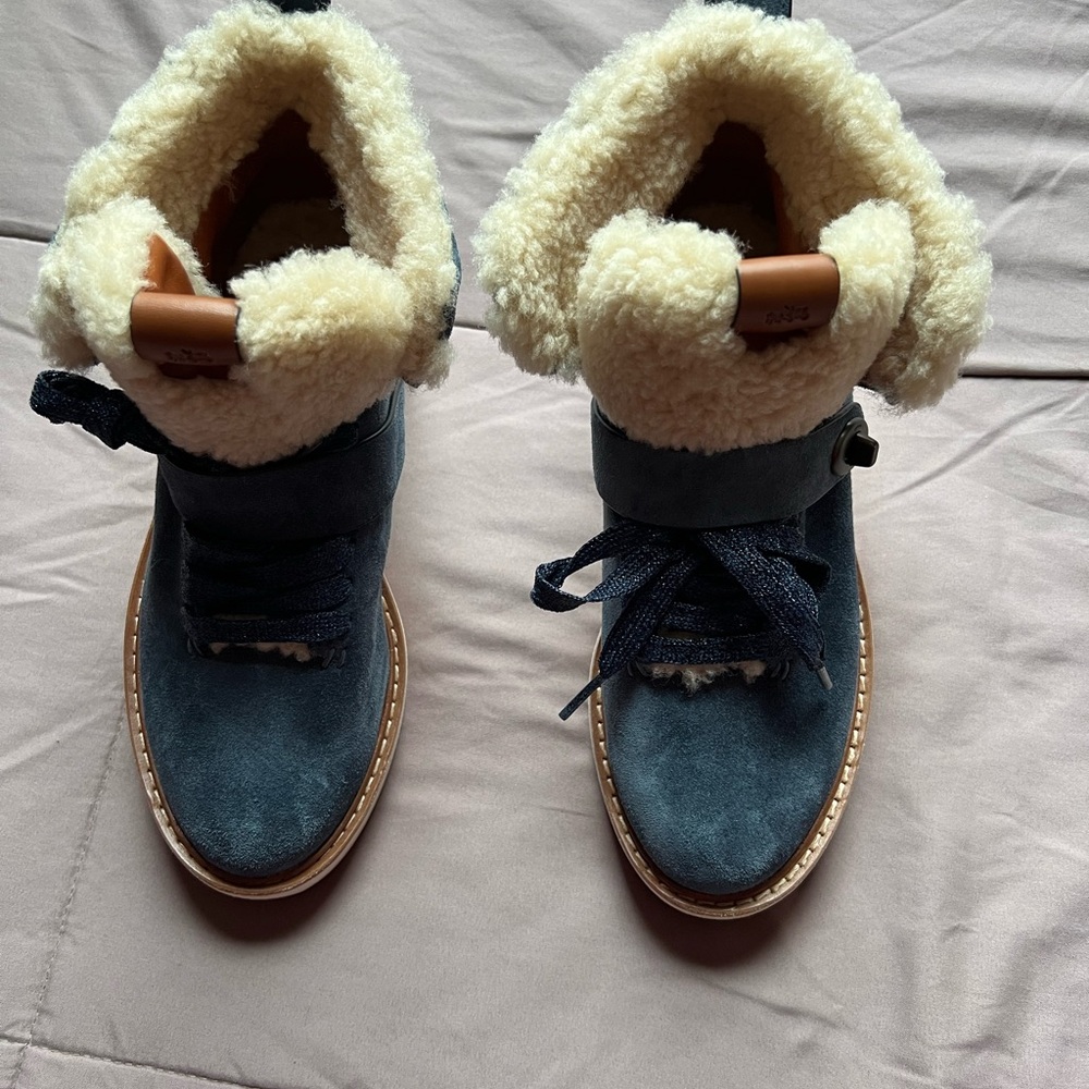 Coach Blue Suede Winter Boots with Cream Lining